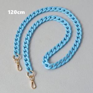 Close-up of sky blue acrylic handbag chain with gold rotating lobster clasps in 120cm length