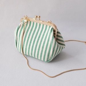 Detail of retro green and white striped kiss-lock bag with gold chain and metal frame
