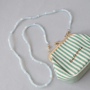 Retro canvas bag with green stripes and light blue acrylic beaded crossbody chain
