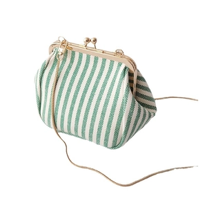Retro style green striped crossbody bag with gold chain strap and metal clasp closure