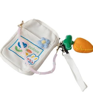 Cute white canvas crossbody bag with pink bead strap and colorful rabbit embroidery
