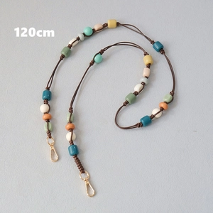 Detail of 120cm acrylic bead strap with colorful cylindrical beads and gold lobster clasps
