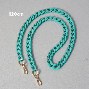 Detailed view of Tiffany blue matte acrylic purse chain with gold clasps, 120cm length