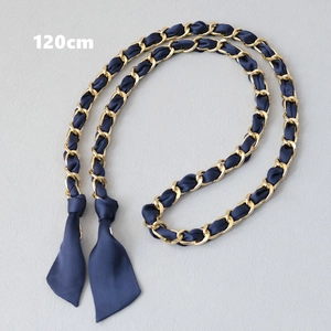 Detailed 120cm golden metal chain strap interwoven with deep blue silk fabric and ribbon
