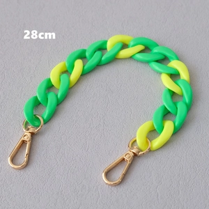 Detail view of a 28cm green and yellow acrylic phone chain with gold metal clasps
