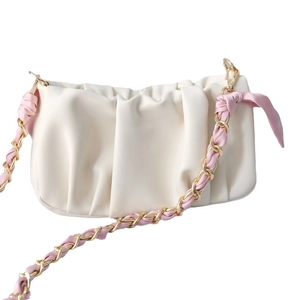 Elegant white pleated cloud bag with pink silk ribbon woven metal chain strap