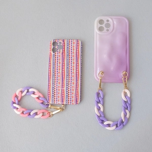 Colorful resin fishbone chain phone case with geometric patterns and purple wave texture