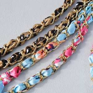 Fashionable golden chain strap with leopard print and floral silk scarves for handbags