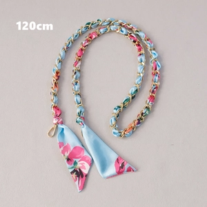 Detailed 120cm light blue floral silk scarf chain strap with golden lobster clasps