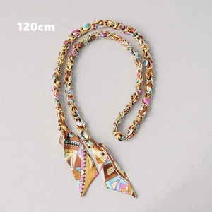 Detailed 120cm gold metal chain interwoven with colorful geometric pattern silk ribbon