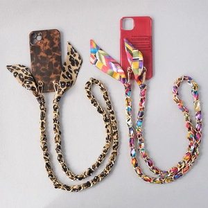 Leopard print and geometric silk scarf chain straps for stylish crossbody phone cases