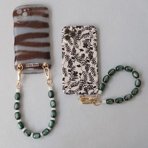 Vintage zebra print and floral phone cases with elegant green cat eye resin bead straps