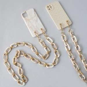Marble and zigzag texture phone cases with beige resin chunky chain shoulder straps
