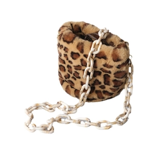 Leopard print faux fur bucket bag with white marble acrylic chunky chain strap