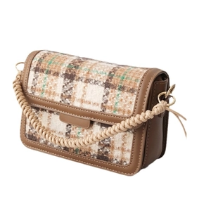 Fashionable tweed flap crossbody bag with brown PU leather trim and braided rope strap