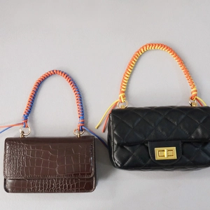 Mini handbags with crocodile pattern and quilted leather featuring colorful braided handles