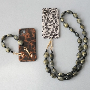 Acrylic bead phone strap and case set with leopard print and marble floral patterns