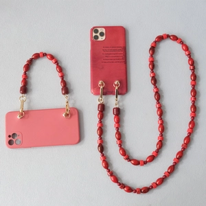 Fashionable red acrylic beaded crossbody phone lanyard with protective cases