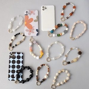 Acrylic Resin Mixed Beaded Phone Lanyard Chain With Metal Ring Buckle Boho Style Hand Wrist Strap For Women Phone Decor