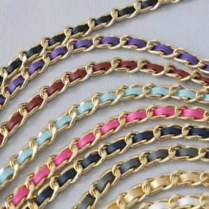 Luxury woven metal chain straps with colorful leather strips for crossbody handbags