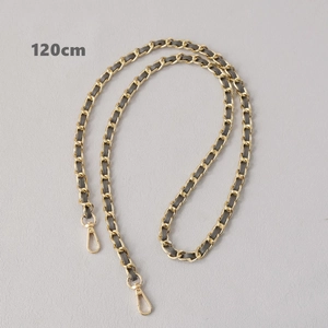 Detailed 120cm gold metal and grey leather interwoven bag chain with swivel lobster clasps