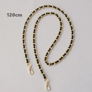 Close-up of 120cm black leather and gold metal interwoven chain strap with lobster clasps
