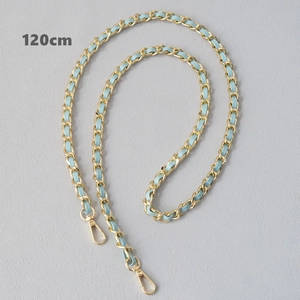Detail view of 120cm gold metal chain interwoven with light blue PU leather strap