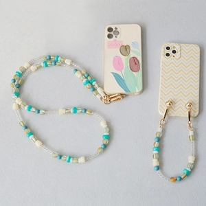 Mixed acrylic beaded phone lanyard with gold metal hooks and colorful ceramic beads