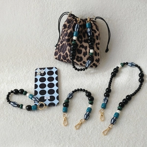 Acrylic bead handle chains with stylish animal print pouch and colorful phone straps