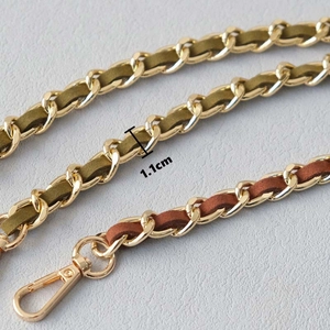 Golden metal chain strap with olive green suede leather weaving and spring hooks