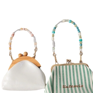 Retro kiss-lock handbags with acrylic beaded handles in white leather and striped canvas