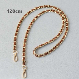 Detail of 120cm light gold chain with brown leather strap and sturdy metal hooks