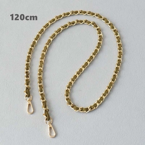 Detail of 120cm olive green leather interwoven with gold chain strap and lobster clasps