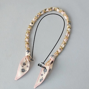 Fashion 60cm gold chain handle wrapped with pink floral silk scarf for handbags