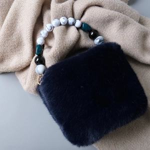 Faux rabbit fur mini handbag with vintage marble beaded chain handle for women