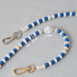 Blue and white acrylic beaded strap with gold metal clasps for phones and bags
