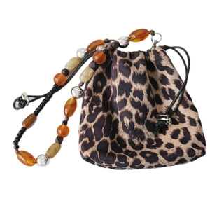 Leopard print satin drawstring pouch with stylish acrylic bead shoulder strap handle