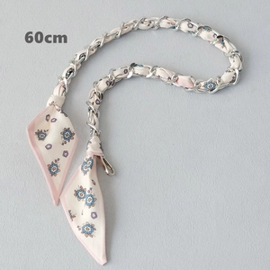 Detail view of 60cm silver chain strap woven with pink floral silk scarf and lobster clasps