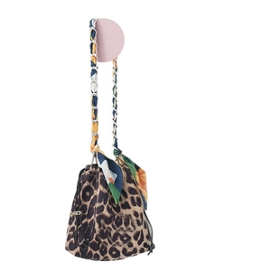 Leopard print drawstring bucket bag featuring silk scarf chain strap and floral accent