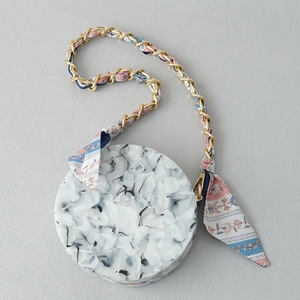 Chic marble pattern round handbag with golden metal chain and floral silk scarf strap