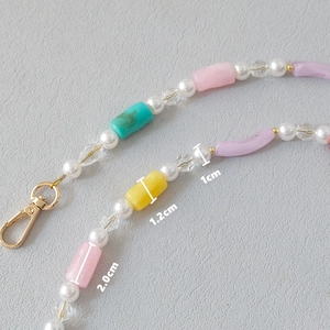 Colorful acrylic bead and pearl crossbody strap with gold lobster clasp 120cm length