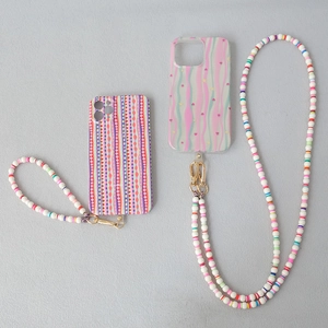 Bohemian geometric phone case with colorful acrylic bead wrist strap and neck lanyard set