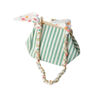 Green and white striped shell frame bag with silk scarf wrapped gold chain strap