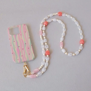 Lanière de téléphone en perles acryliques avec coque à motifs de vagues et fermoir doré