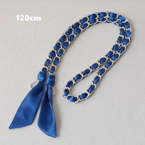 120cm long royal blue silk ribbon intertwined with silver metal chain bag strap