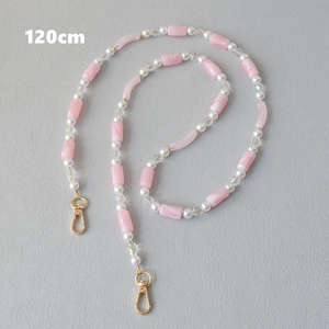 120cm acrylic bead chain with pink marbled cylinders, white pearls and gold metal lobster clasps