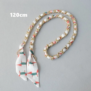 Detailed 120cm golden chain strap woven with a cute cartoon fox pattern silk scarf