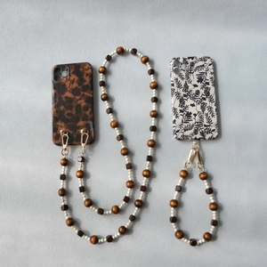 Acrylic bead and wood bead crossbody phone strap with leopard and leaf pattern case