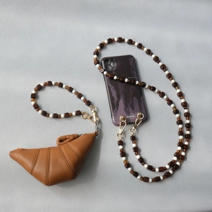 Acrylic and wooden bead cross-body phone chain with mini leather croissant charm