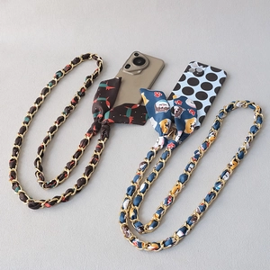 Fashionable chain strap for cellphones with silk ribbon and metal links in two styles